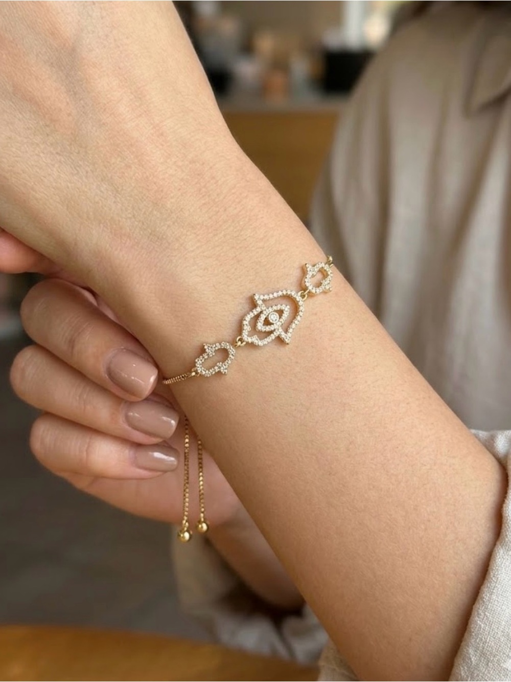 NEW! Delicate 18k Gold Plated Hamsa Bracelet with Cubic Zirconia Accents